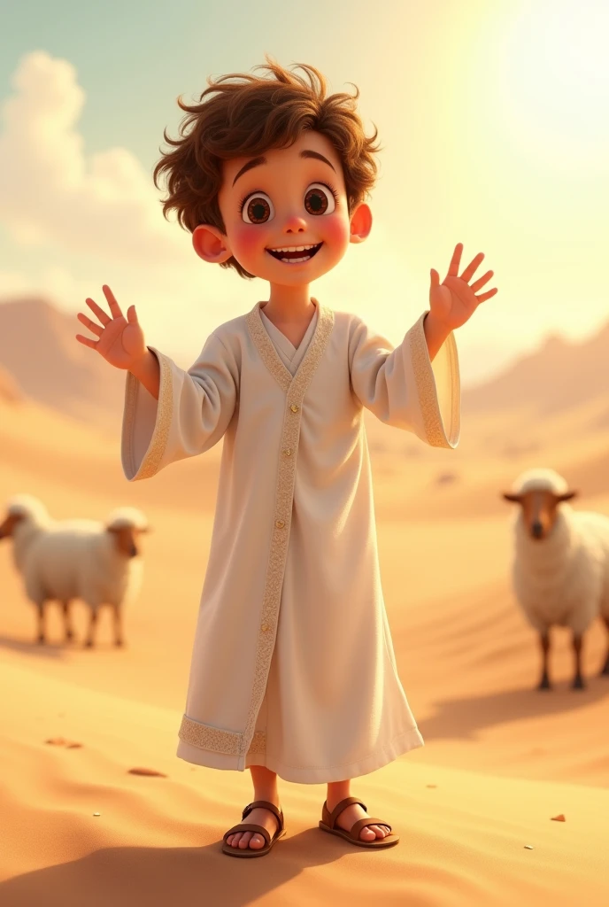 a young jew, Full-body image, (((7 years old))), ((Pixar-style)), ((Caucasian skin)), (((Curly hair))), moreno claro, wearing a white Jewish dress, jewish sandal, happy and welcoming expression, detailed facial features, complex clothing folds, warm lighting, cinematic composition in the desert with sheep nearby, award-winning photography in various poses.