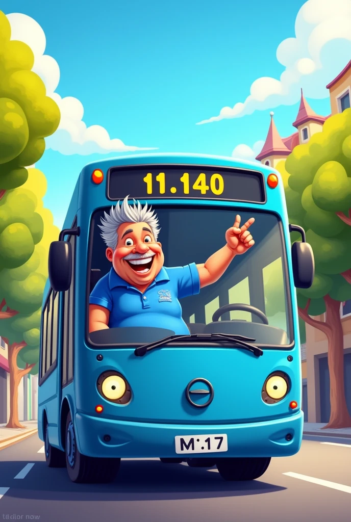 Image in cartoon format, man&#39;s, approximately 50 years, a little overweight, pointing forward , wearing a blue polo shirt, driving a blue bus, This bus says MT and the numbers 11.140.
