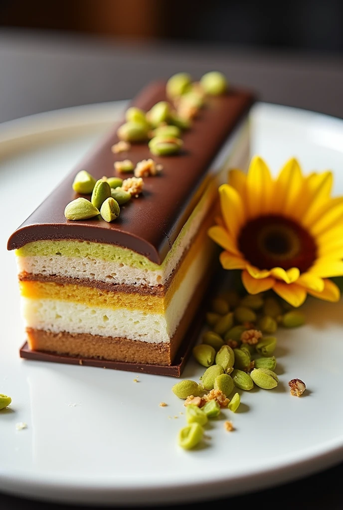 Plate containing a dessert, rectangular pavé on one side of the dish with six layers of white dough, interspersed with two layers of dulce de leche cream and two layers of pistachio cream, covered with a mirrored chocolate coating and with chopped pistachios on the other side a chocolate sunflower with yellow petals