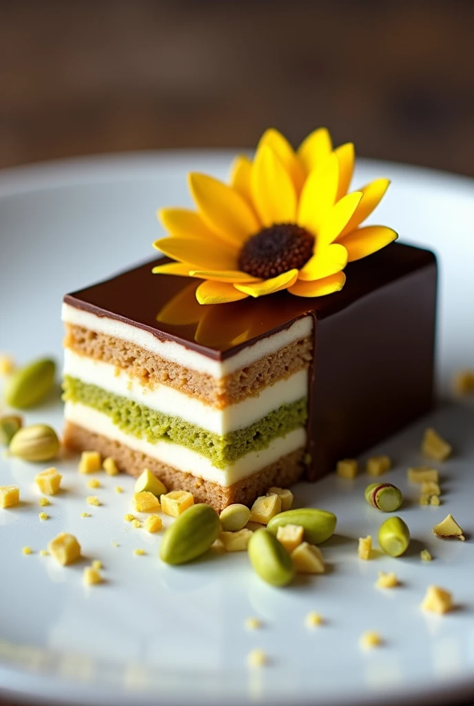Plate containing a dessert, rectangular pavé on one side of the dish with six layers of white dough, interspersed with two layers of dulce de leche cream and two layers of pistachio cream, covered with a mirrored chocolate coating and with chopped pistachios on the other side a chocolate sunflower with yellow petals