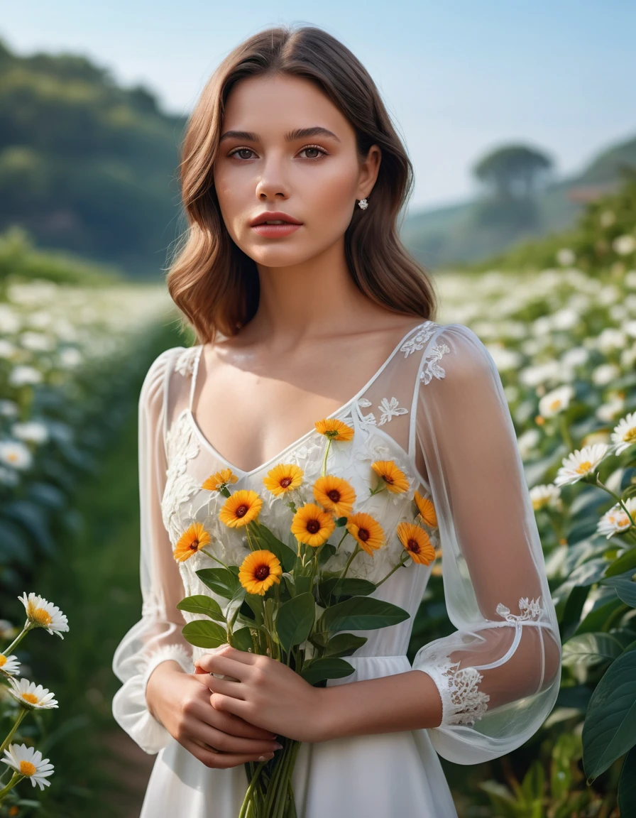 (masterpiece:1.35),(bestquality:1.4),8k,ultra-detailed,photography,(ultra-realistic:1.4),Art Composition,1girl,solo,brown hair,flower,dress,see-through,brown eyes,lips,realistic,plant,see-through sleeves,outdoors,