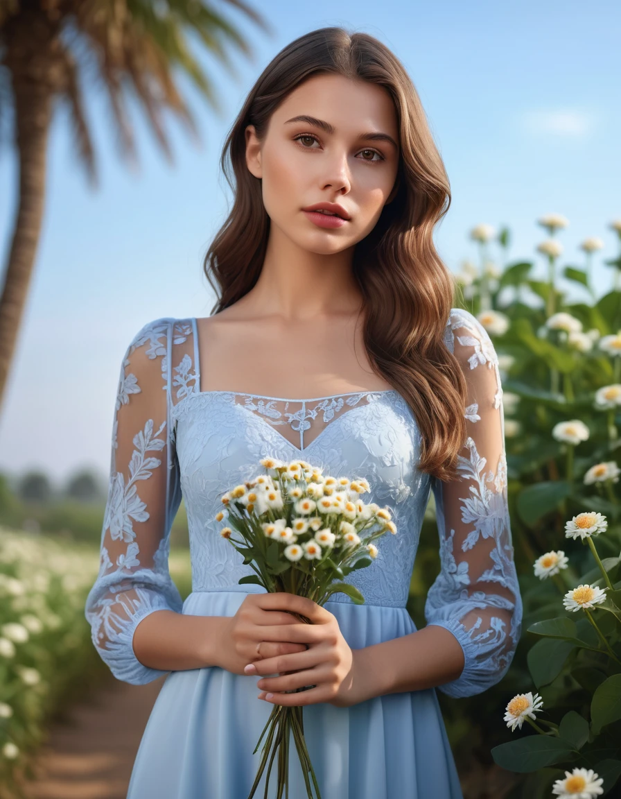 (masterpiece:1.35),(bestquality:1.4),8k,ultra-detailed,photography,(ultra-realistic:1.4),Art Composition,1girl,solo,brown hair,flower,dress,see-through,brown eyes,lips,realistic,plant,see-through sleeves,outdoors,