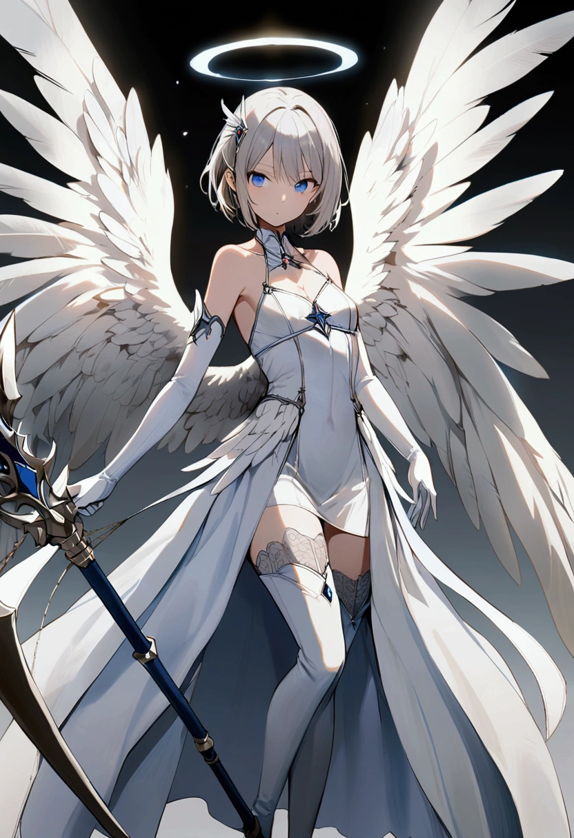 slender, mature female, rating:safe, rating:safe, 1girl, wings, solo, blue_eyes, weapon, feathered_wings, gloves, holding, breasts, dress, silver_hair, sword, angel_wings, thighhighs, bare_shoulders, looking_at_viewer,feathers, closed_mouth, boots, standing, spear, polearm, short_hair, short_dress, hair_ornament, ribbon, holding_weapon, thigh_boots, small_breasts, halo, elbow_gloves