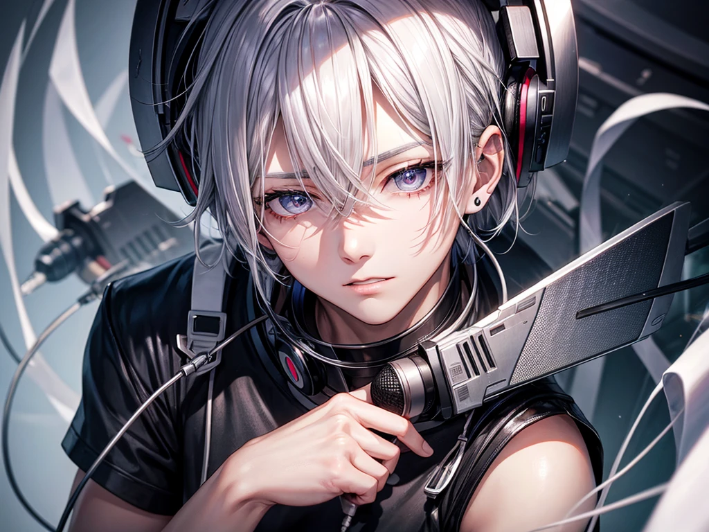 Male, protagonist, fake prostequte eye, machine in neck to make voice, prostecute arm and legs