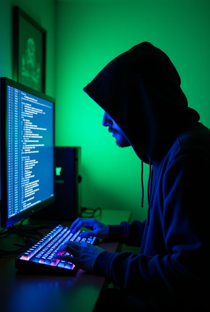 Create an image of a hacker at the computer with a blue keyboard and a green background with BitchHarmyyy written on it