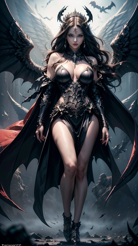 (RAW shooting:1.5, realistic:1.5, Fantasy:1.5, 8D), light and dark, (Highest quality, Masterpiece, Ultra high resolution), The Desolated Demon World, ((Perfect dynamic composition:1.7, Wear exquisite jewelry:1.6)), (Clearly separated, Angel wings and devil wings, White wings and black wings), (Realistic picture, highest resolution), The beautiful face with a calm and elegant expression, Completely gone, (A demon god with wide wings and enormous power on his shoulders., black bat wings:1.2, white angel wings:1.5), (Beautiful girl with two meter long hair, Shiny black hair, Smooth white skin, Lips are very red.), ((stand, finished)), (big breasts, big breast), (gigantic breast, breast augmentation, Breast 400 cc., small waist, hips raised, small thighs, Long legs), (dynamic poses), (Armor that slightly covers the body), Separate theme, (Angel wings and devil wings), floating in the air above the ground, background darkness, Embraced with twelve wings, He with a crown-like radiance, Those who have light, Wearing little armor, Energy comes out of the body., sparkling wings, White light, black light, Amazing wings, beautiful posture, 8K resolution, Resolution 4000 x 2250 pixels, beautiful posture, Angel wings and devil wings, (Realistic picture, highest resolution), Angel wings and devil wings, White wings and black wings, Angel wings and bat wings, Angel wings and devil wings, White wings and black wings, (เน้นที่big breastsโต, big breastโต), (gigantic breast, small waist, hips raised, small thighs, Long legs), (dynamic poses), (A form-fitting dress in black and red with beautiful patterns, Decorated with gold embroidery, Show off your body to the fullest), Tight-fitting outfit, Short film set that reveals the body, (Angelic and demonic wings separated on the back shoulders), Very full and plump breasts, Breasts that overflow and push against the fabric of the dress, see full body, See every part of the body, full body image, Visible from head to toe