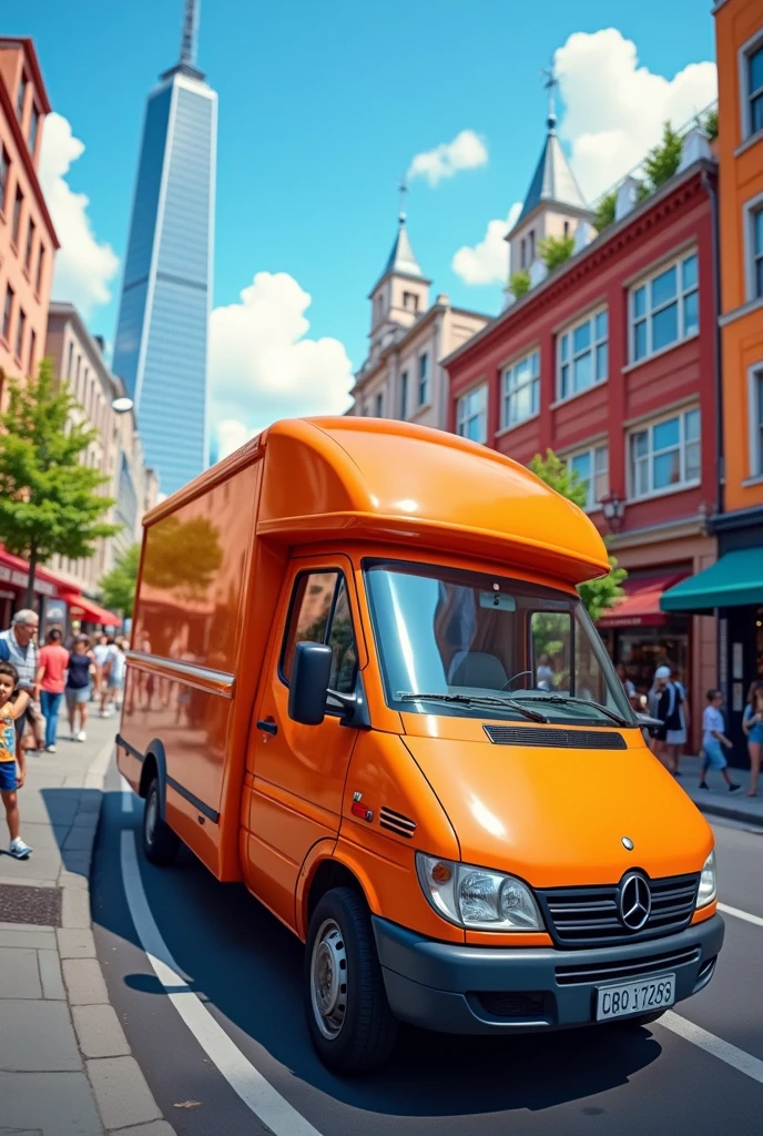 make a picture of an orange delivery van with white and dark blue stripes