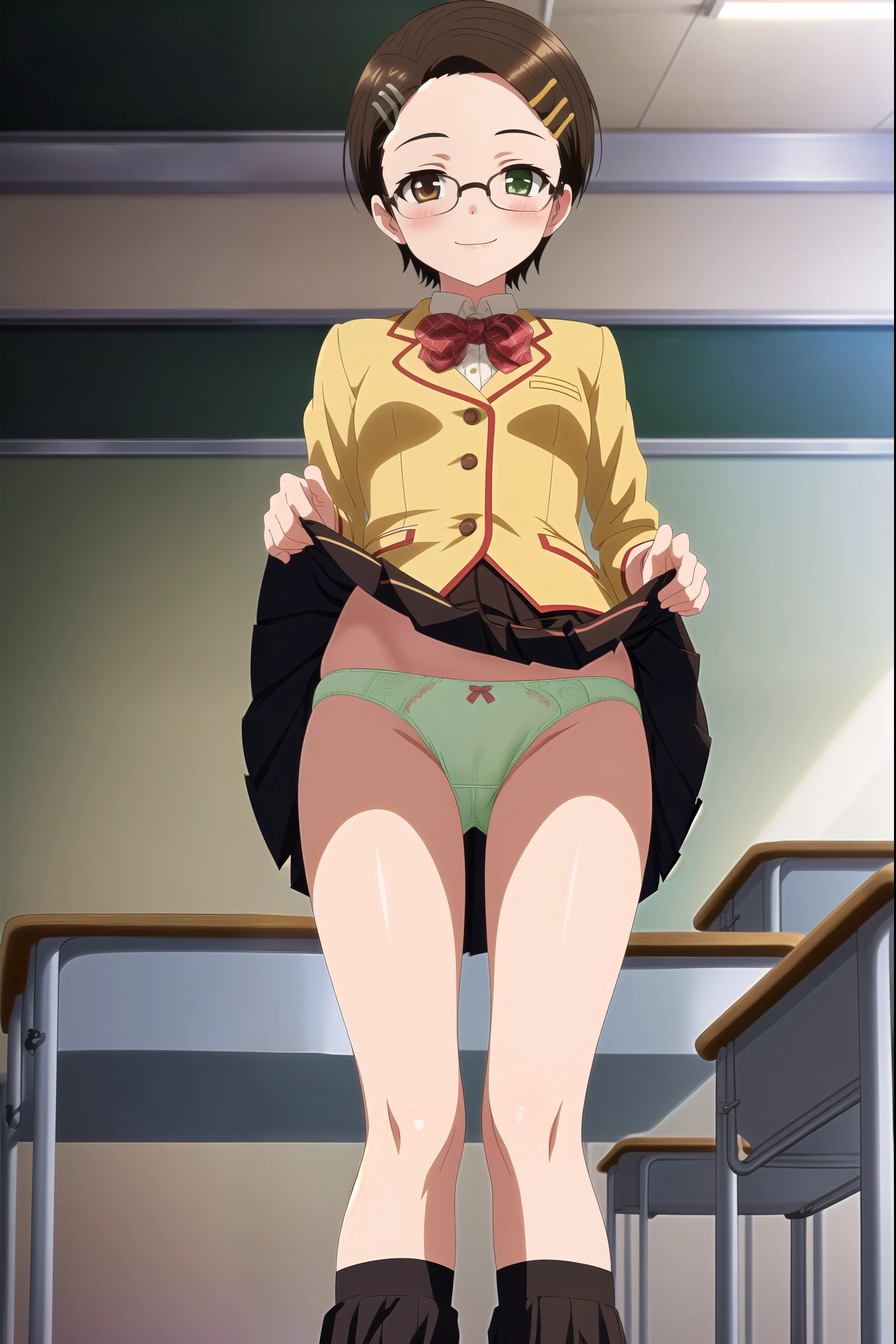 masterpiece, super fine illustration, best quality, light particles, ultra-detailed, 8K,young girl,[official art],[[anime styled]],[[digitalart]],akane_asahina,over-rim eyewear,((pixie cut)),(hairclip),((forehead,side part hairstyle)),black hair,small breasts,short torso,, shiny skin, oily skin,((school uniform,cream colored jacket)),((brown pleated skirt:1.2)),NSFW,1girl in,standing,From below,Looking at Viewer,up skirt,Best Quality,Skirt lift,smile,blush,anime screen cap,Flat color,cel shading,(tucking up the skirt),((lite green Panties)),short torso,Show panties,pantyshot,up skirt,(classroom)