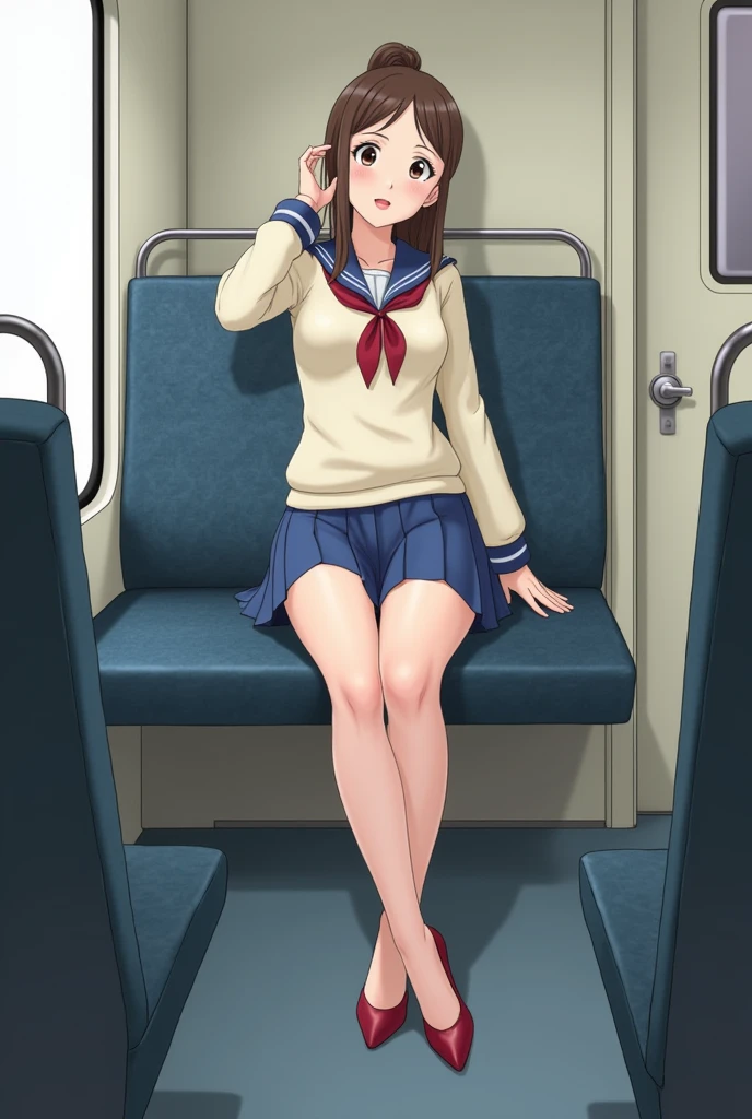 Actual Photos、Highest im年 quality、Beautiful woman、Beautiful thighs、Beautiful Face、Uniform ponytail、Yuriko Yoshitaka、Japanese women、cute、skirt、Beautiful thighs、pumps、In a crowded train、Please take a seat.、Front seats、No underwear、Beautiful pussy、Detailed pussy、Sit on the seat and spread your legs、Spread your legs、skirtを持ち上げる