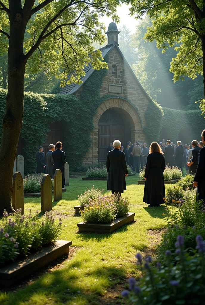 A burial next to a chapel and tombs