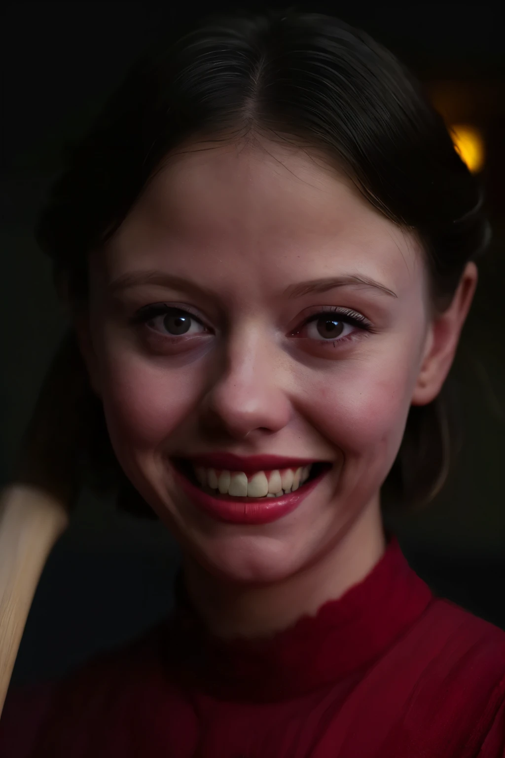 ((Head and sholders portrait)). (Pearl from the A24 movie "Pearl", with a wide, unsettling smile on her face, blood splatter droplets on her face, holding an axe, wearing a red dress), standing in a dimly lit, eerie farmhouse setting, cinematic lighting, hyper-realistic style, high detail, dramatic shadows, (shallow depth of field), (moody color grading), (sharp focus), (tense atmosphere), (vintage film grain), (portrait photography style), (emphasizing her wide grin and blood), dark background, (masterpiece: 2), best quality, ultra highres, original, extremely detailed, perfect lighting
