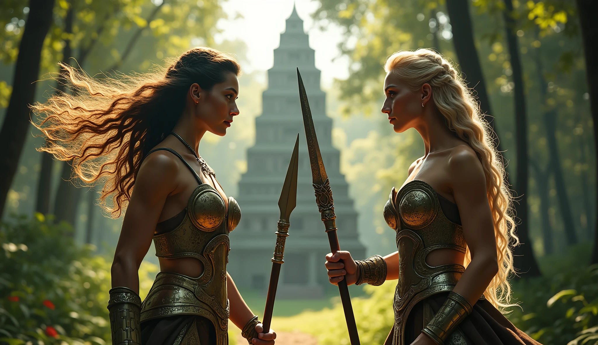 two amazons ready to fight each other, amazon 1 (brunette, light armor, spear) amazon 2 (blonde, a long braid, light armor, two handed staff) forest background and ancient temple, battle stance. (masterpiece) (best quality) (detailed) (8k) (HDR) (wallpaper) (cinematic lighting) (sharp focus) (intricate)(very detailed hands)
