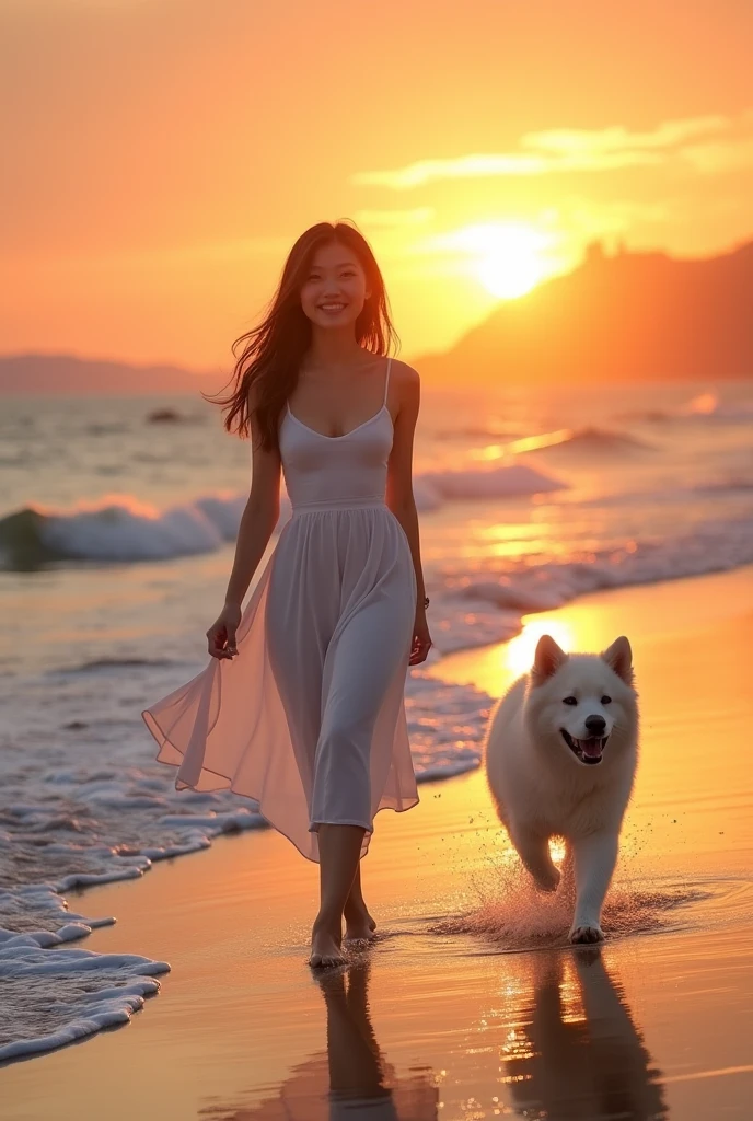 Highest quality, masterpiece, Ultra-high resolution, full body, A beautiful sunset over the coastline. The waves are gently lapping at the shore. A slender Japanese woman in her mid-20s, wearing a white dress, is walking slowly along the water’s edge. As she walks, she gives a light smile towards the camera. Following behind her is a large dog with fluffy white fur.