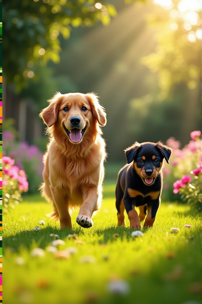 Happy golden retriever with a rottwailer puppy