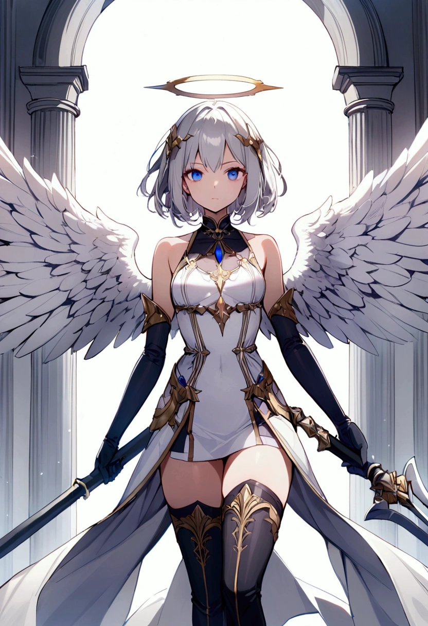 slender, mature female, rating:safe, rating:safe, 1girl, wings, solo, blue_eyes, weapon, feathered_wings, gloves, holding, breasts, dress, silver_hair, sword, angel_wings, thighhighs, bare_shoulders, looking_at_viewer,feathers, closed_mouth,  boots, standing, spear, polearm, short_hair, short_dress, hair_ornament, ribbon, holding_weapon, thigh_boots, small_breasts, halo, elbow_gloves