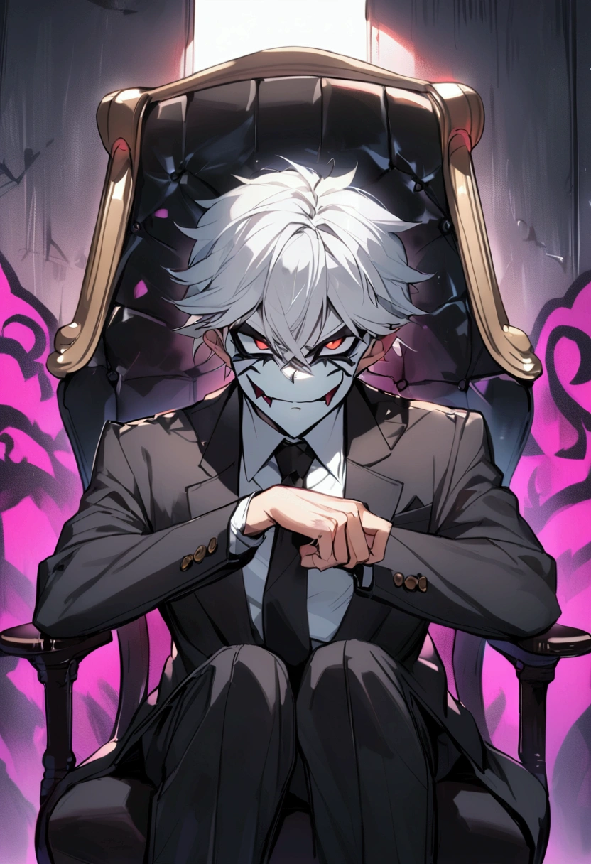 a boy,graffiti,demonic face, demonic background, Sitting in a vintage office chair ,White hair, boss
