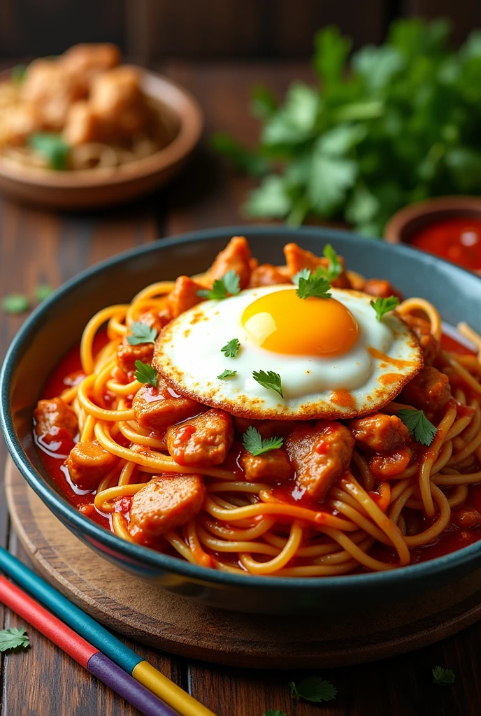 Chicken triple noodles with egg and gravy Schezwan sauce no smoke