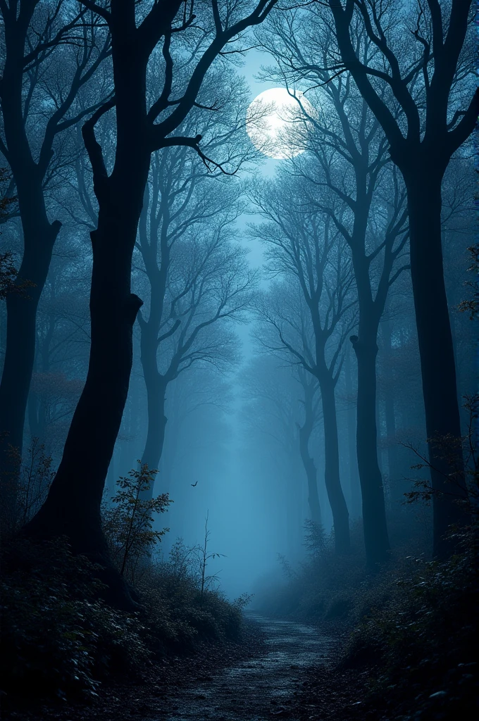 Dark and mysterious image of a dense forest at night with swaying trees