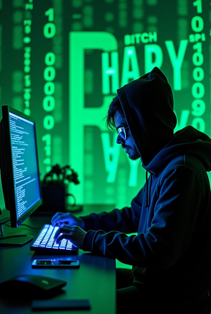 Create an image of a hacker at the computer with a blue keyboard and a green background with BitchHarmyyy written on it
