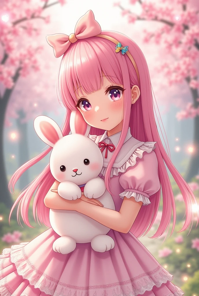 Image of a sweet Lolita manga girl with straight pink hair decorated with a ribbon holding a stuffed toy in her arms