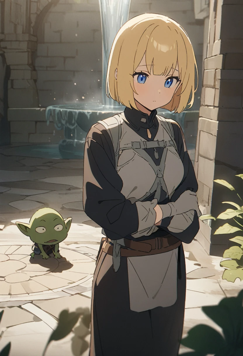 A female adventurer is leaning against、Bobcut、Blonde、Blue Eyes、In front of the fountain in the dungeon、A goblin peers over the edge.、anime、Masterpiece、16K、