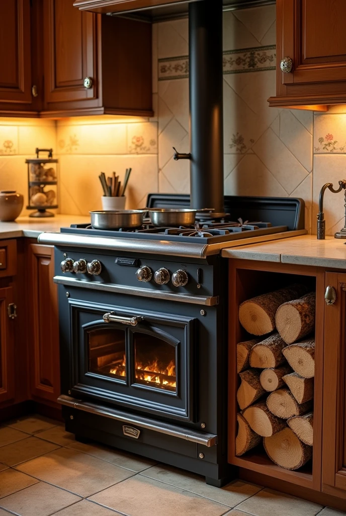 A wood stove, the part where you place the pans is 1 meter, the part where the firewood is located is the height of a chair, the stove has 3 burners, under the stove, the right is open to store firewood.