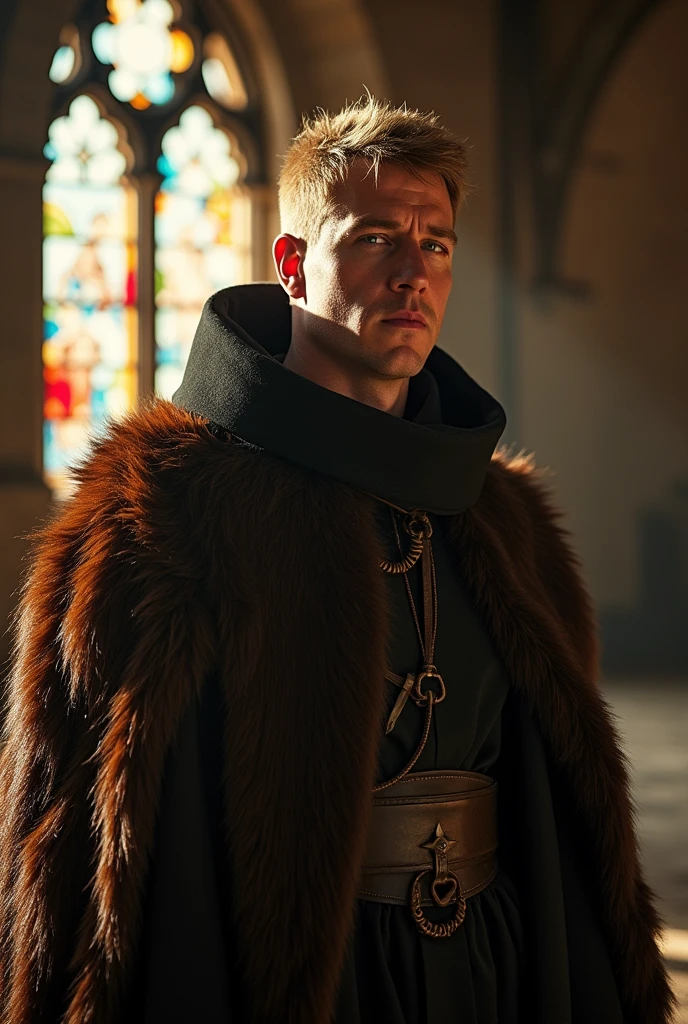 In Style of a character portrait of the Game of Thrones TV show: abbot of Praios (Sun God of the Dark Eye RPG) wearing a bearskin cloak, dark blonde hair cut in the style of a monk. Clean shaven, no beard, ascetic look, about 40 years with lines of sorrow on his brow.