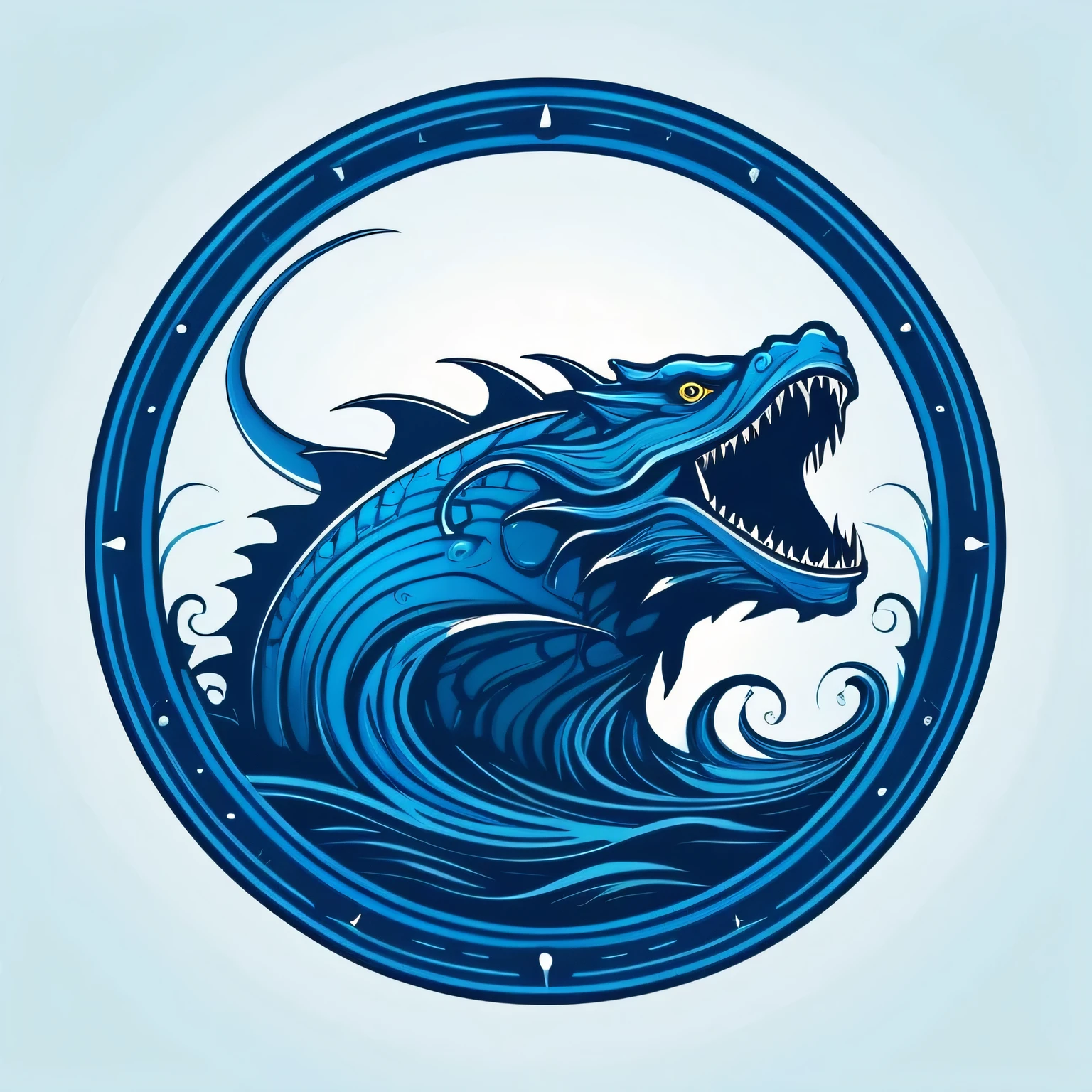 Dark fantasy, leviathan sea monster, circular logo, primarily blue color, vector style 