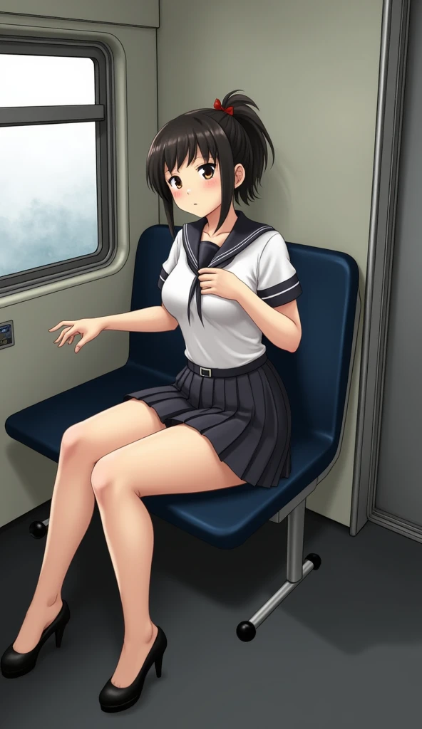 masterpiece, highest quality,Anime Style,Cumbersome、sit in a train seat、Spread your legs、Office Suits
,Pencil Mini Skirt、Lace panties、whole body、pumps、blush、><