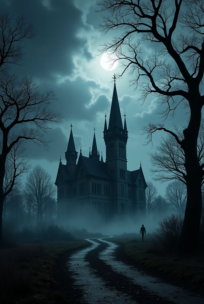 Dominée par la silhouette sombre et imposante d'un large manoir gothique, situé au centre de l'image. Le manoir au fond de l'image un peu éloigné, avec ses tours pointues et ses fenêtres obscures, se dresse majestueusement au milieu d'un paysage envahi par la brume. Autour du manoir, des arbres tordus aux branches dépouillées ajoutent une touche de mystère, tandis qu'un ciel nocturne orageux, avec une lune voilée, éclaire faiblement la scène. Les couleurs sont des nuances de gris, noir et bleu nuit, renforçant l'atmosphère menaçante et isolée.