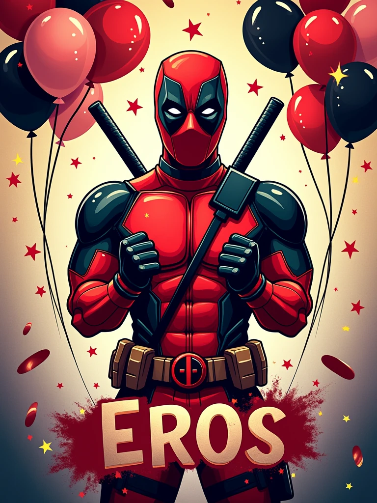 A high-quality A4-sized topper design for a 9-month milestone celebration with a Deadpool theme. The design should feature the name 'Eros' prominently and the number '9' to signify the months. Deadpool should be the main character in the design, with his iconic red and black suit, playful expressions, and weapons. The background should have comic-style elements, with bold colors like red, black, and white. The overall style should be fun, vibrant, and suitable for a baby’s 9-month milestone. Include details like balloons, stars, or confetti to make it celebratory, png.