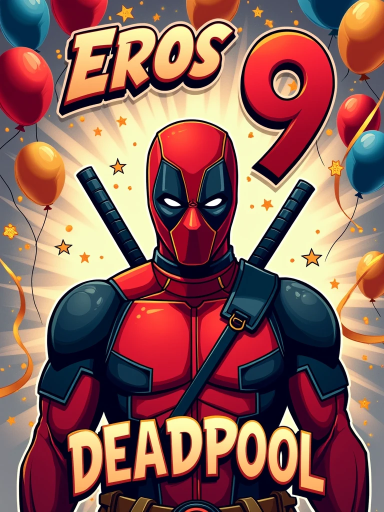 A high-quality A4-sized topper design for a 9-month milestone celebration with a Deadpool theme. The design should feature the name 'Eros' prominently and the number '9' to signify the months. Deadpool should be the main character in the design, with his iconic red and black suit, playful expressions, and weapons. The background should have comic-style elements, with bold colors like red, black, and white. The overall style should be fun, vibrant, and suitable for a baby’s 9-month milestone. Include details like balloons, stars, or confetti to make it celebratory, png.