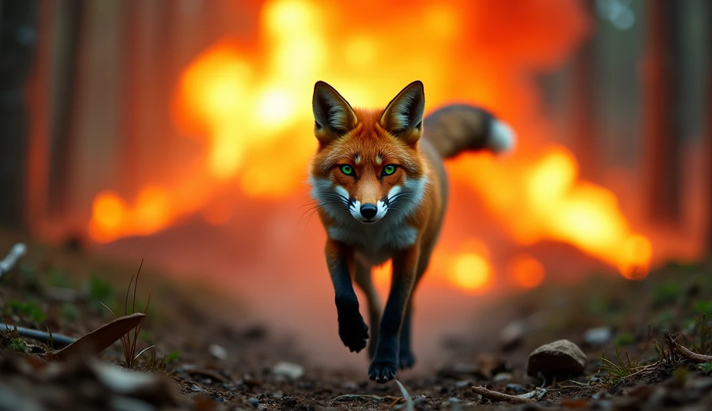 FOX COMING TOWARDS CAMERA WITH EXPLOSION IN THE BACKGROUND