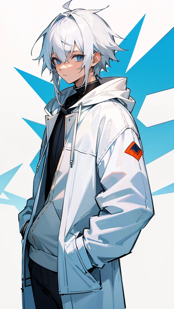 White Hair、White hoodie、A high school boy with untanned skin(An illustration)