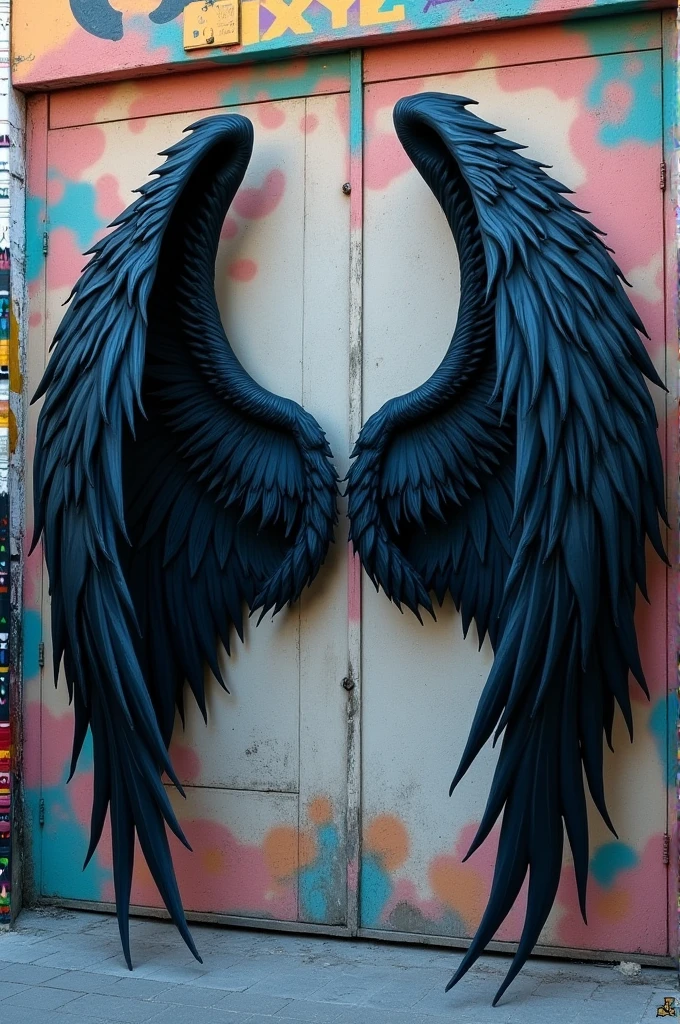 Wings drawn on wall of black colour which can be used by people for taking photo. Also the wings drawn should look like devil wings