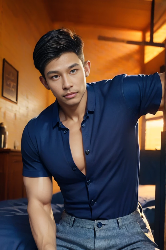 (armface:1.3) , Handsome man sitting on the bed, (have a mustache:0.8) , (short hair:1.2), The forearms are muscular., (Button-down collared shirt:1.2), (Navy blue open chest shirt:1.5),black pants, Big muscles, Handsome and muscular, full body angle, (Modern bedroom:1.3)