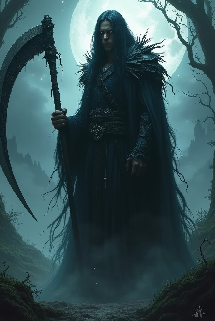 Fantasy characters, Physically strong, black hair, death, man, person, holding a scythe