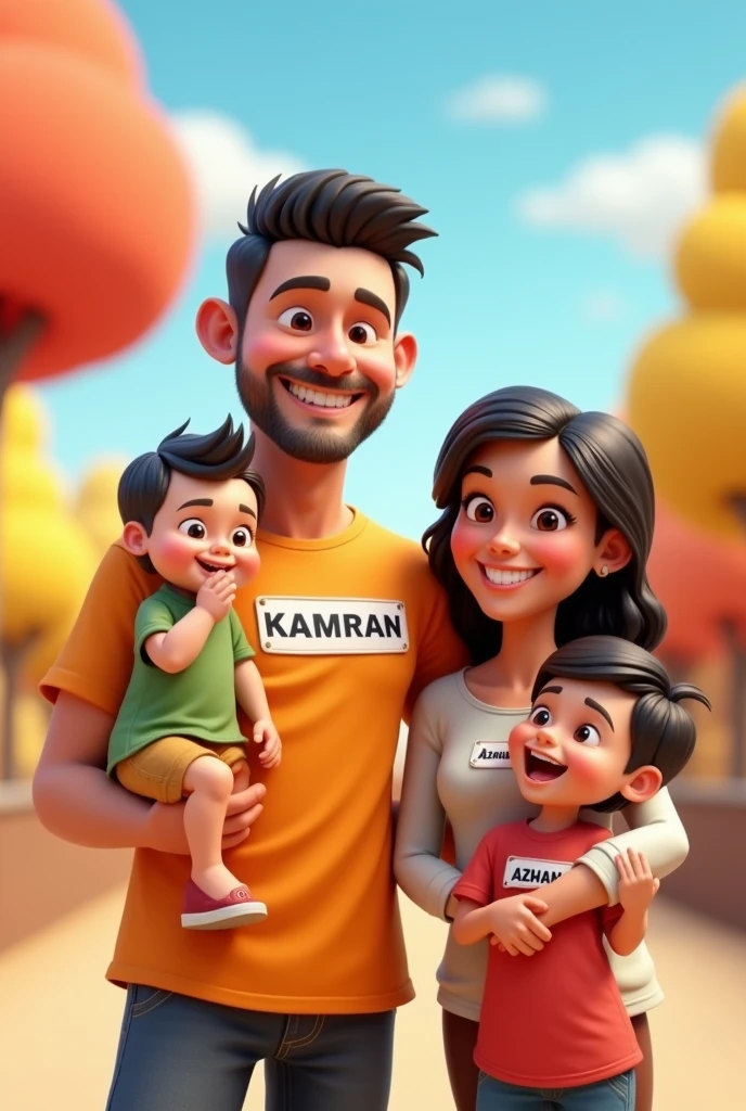 a man wearing shirt with name "Kamran" written on it and the man is holding his 4 wearing shirt with a name
"Jazil" written on it and a 4 year old boy saith them and he is wearing shirt with a name "Azhan" written on it and a women wearing shirt with a name "Aeman" written on shirt is standing with them in cute 3d cartoon.