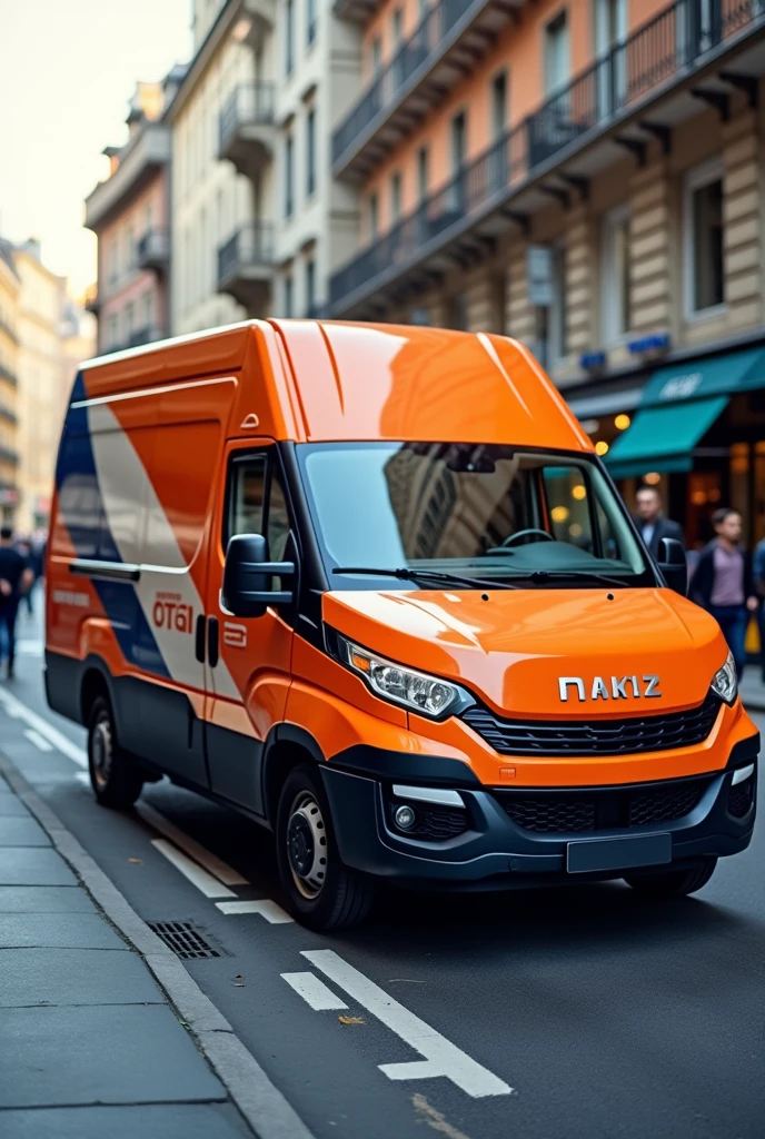 make an image of an orange delivery van with white and dark blue stripes make it realistic and of an image size for notebook background