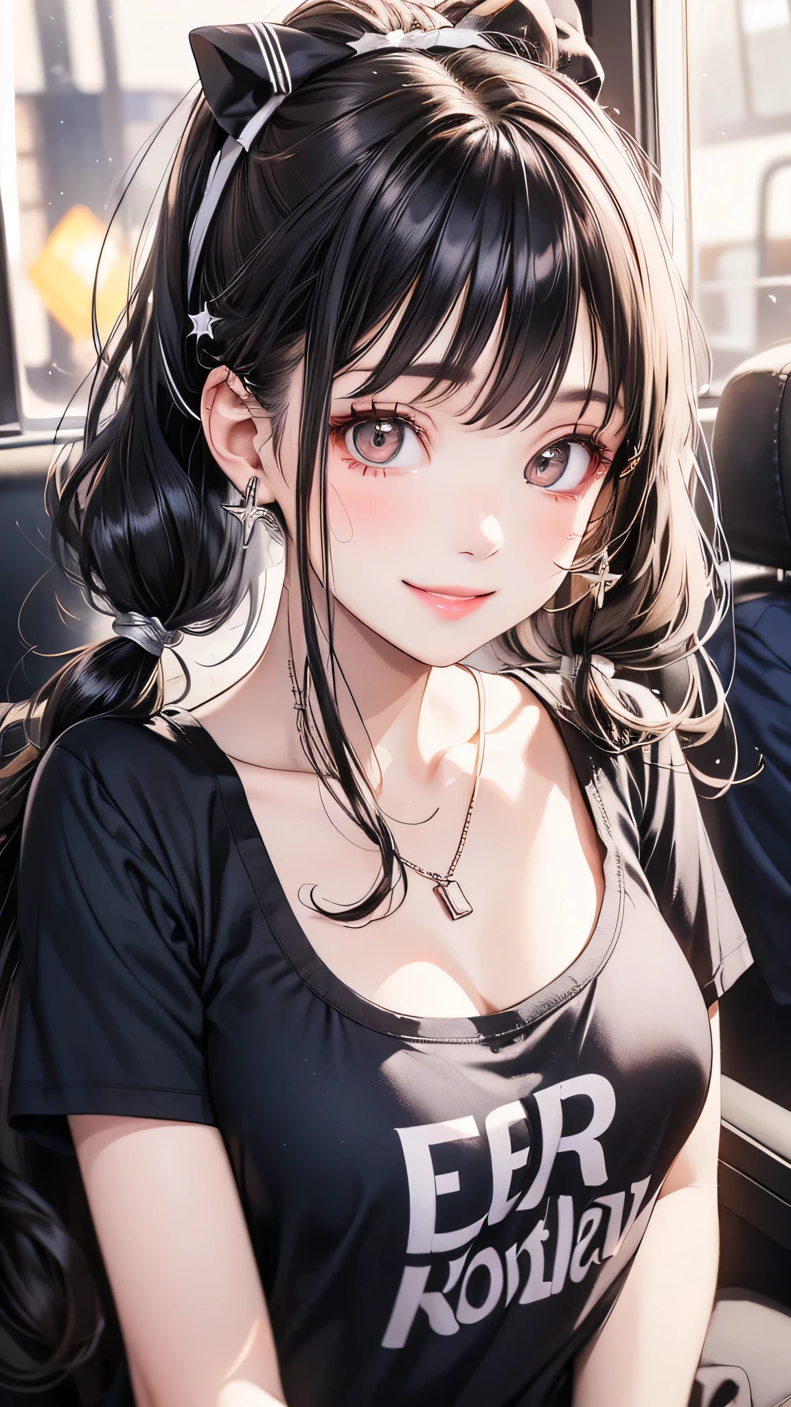 Realistic photos of cute female stars, Uneven twin tails, light makeup, Middle breast size, smile, Color T-shirt, by bus, Clear facial features with crisp, realistic detail, Sony FE, 35mm, Cinema Lighting, Attention to detail, UHigh resolution, high quality, High resolution, 8k, 16K
