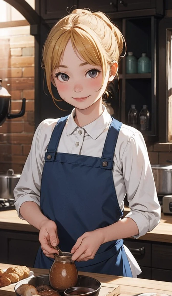 Perfect picture,,{Girl in an apron}{Duan,kitchin}(surround the pot){Beautiful }{hedonism},{dining,Oden},8  girl,4K picture quality, Cinematic,,{Gamine},{small body and chest,,,,,,} Longhaire,a blond,cute expression,face perfect,｛girl showing a smile｝