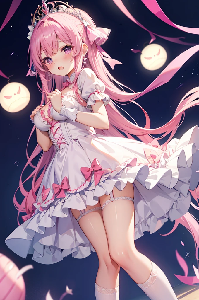 Highest quality、Shiny silk pink princess dress with lots of ribbons、Extremely short micro mini skirt、Large diamond accessories、A large pink double bow、Big Puff Sleep、White garter belt and over-the-knee socks、Pink high heels with ribbon、Flushed Cheeks、Embarrassed look、panic、Big Breasts、White string panties、A large tiara with a pink ribbon、Short Hair、See-through、No bra、Canopy bed、Open your mouth wide、Backlight、Looking up from below