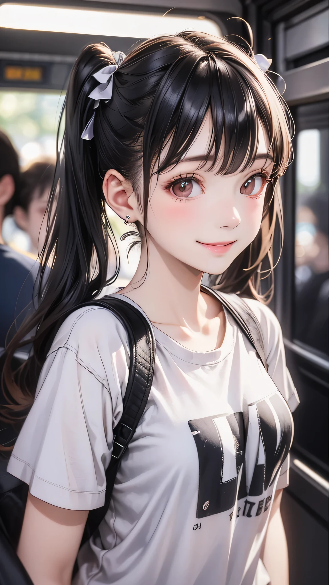 Realistic photos of cute female stars, Uneven twin tails, light makeup, Middle breast size, smile, Color T-shirt, by bus, Clear facial features with crisp, realistic detail, Sony FE, 35mm, Cinema Lighting, Attention to detail, UHigh resolution, high quality, High resolution, 8k, 16K