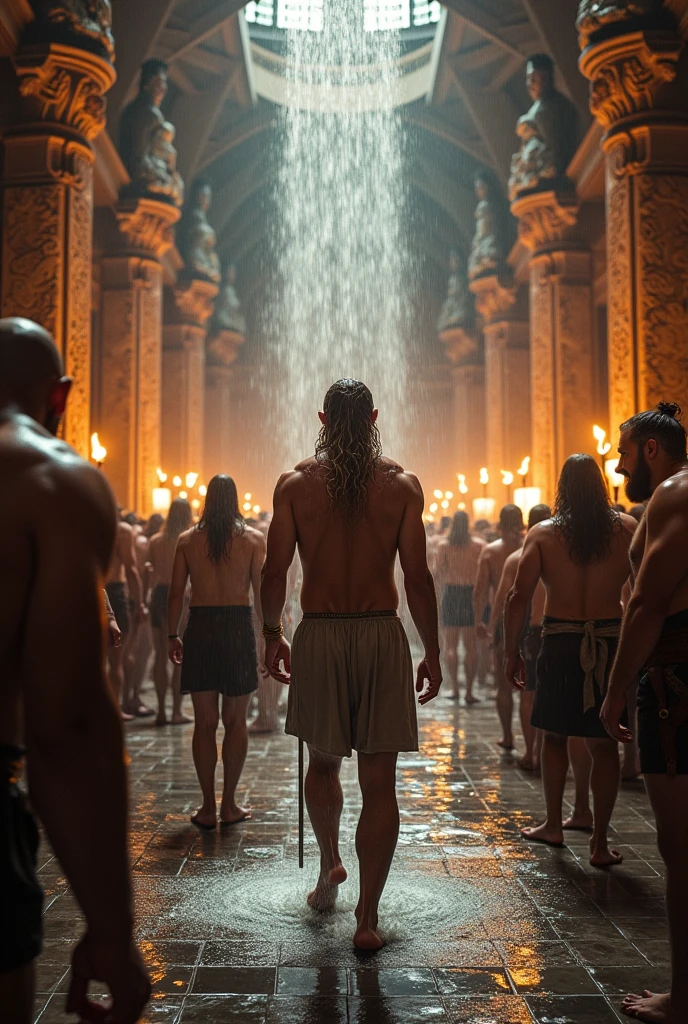 Thor was mobbed while taking a shower and everyone dragged him to the middle of the palace, making him naked in the middle of the palace.