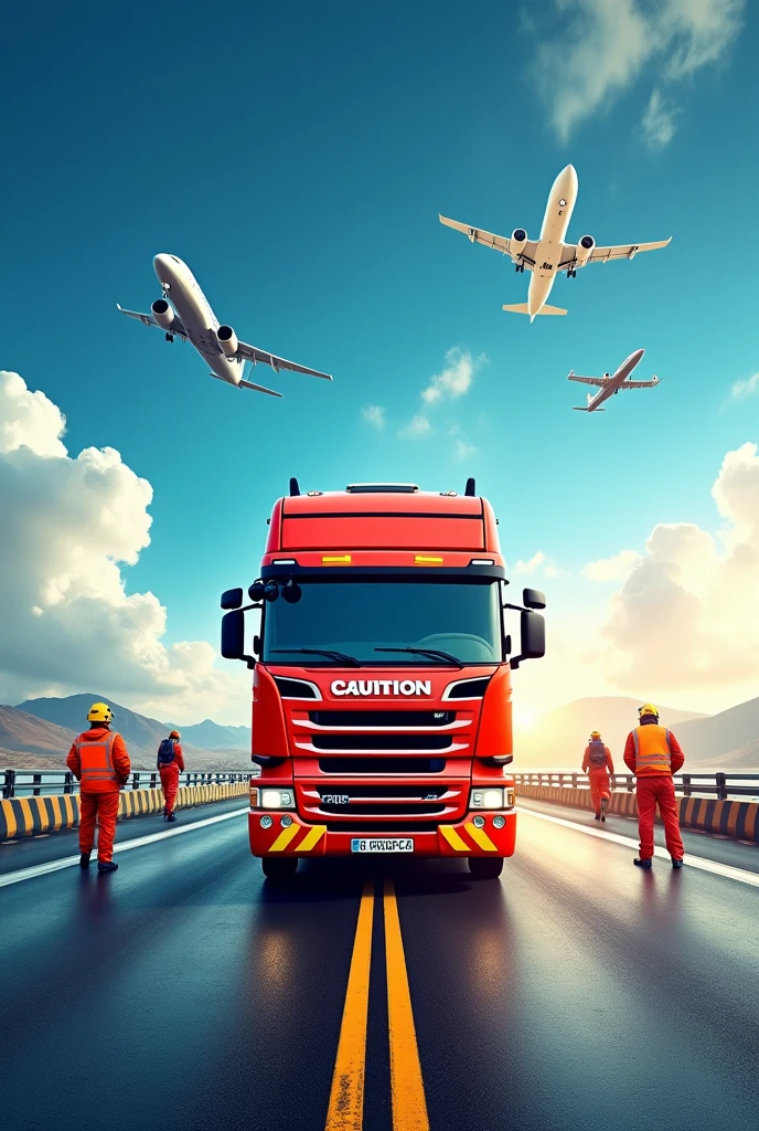 I need you to make a post about Internal Week for the Prevention of Accidents at Work. real people for a Road Transport company, sea and air. put truck . I need it to have red and yellow colors