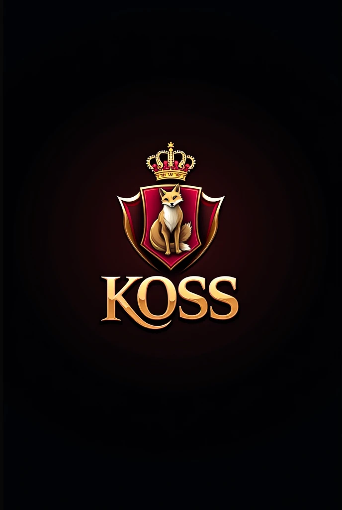 a logo for a company, with the symbol of a fox inside a shield and a crown on top. written 'Koss', Modern flair