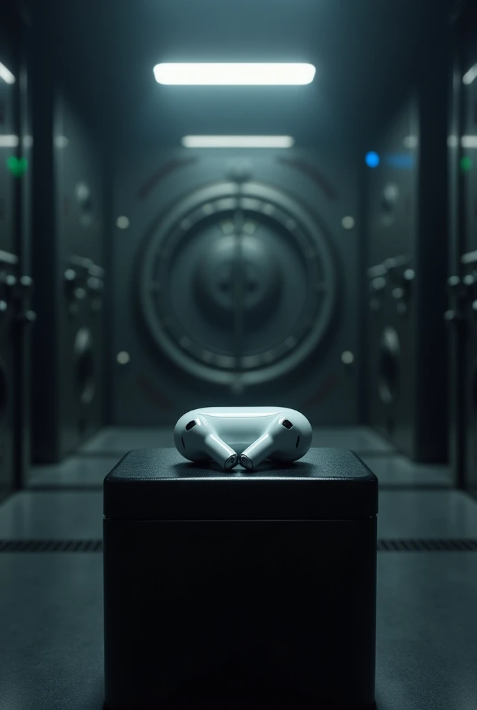 airpods in a dark vault, illuminated on the inside