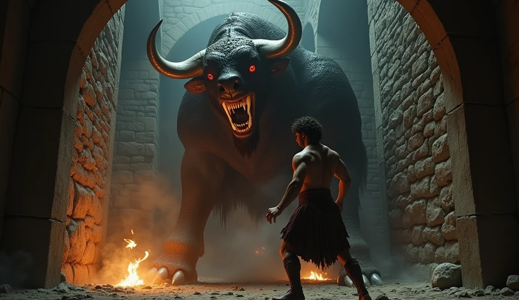 A dramatic and intense battle scene between Theseus and the Minotaur (A massive, fearsome creature with the head of a bull, featuring large curved horns, glowing red eyes, and a snarling mouth full of sharp teeth. Its muscular torso is human-like, with thick, defined muscles, covered in rough, leathery skin), deep within the labyrinth. The Minotaur lunges with its powerful horns, while Theseus skillfully dodges and prepares to strike. The environment is dark and claustrophobic, with the light of the torch casting flickering shadows. Cinematic, epic, highly realistic, dynamic action. cinematic style, photographic, epic
