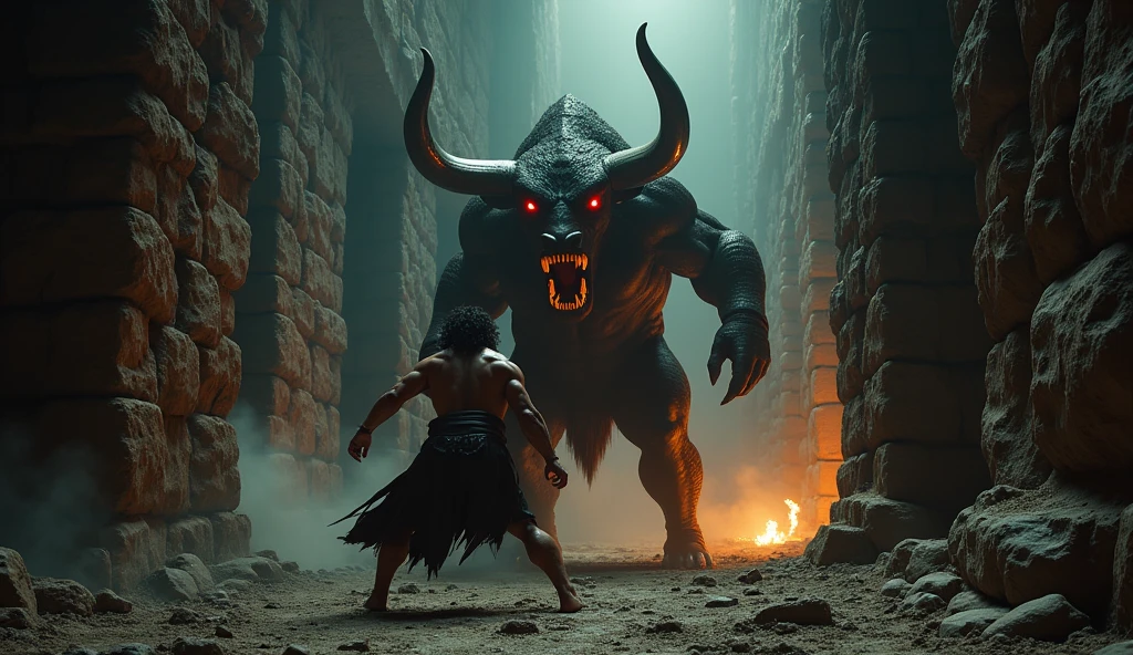 A dramatic and intense battle scene between Theseus and the Minotaur (A massive, fearsome creature with the head of a bull, featuring large curved horns, glowing red eyes, and a snarling mouth full of sharp teeth. Its muscular torso is human-like, with thick, defined muscles, covered in rough, leathery skin), deep within the labyrinth. The Minotaur lunges with its powerful horns, while Theseus skillfully dodges and prepares to strike. The environment is dark and claustrophobic, with the light of the torch casting flickering shadows. Cinematic, epic, highly realistic, dynamic action. cinematic style, photographic, epic
