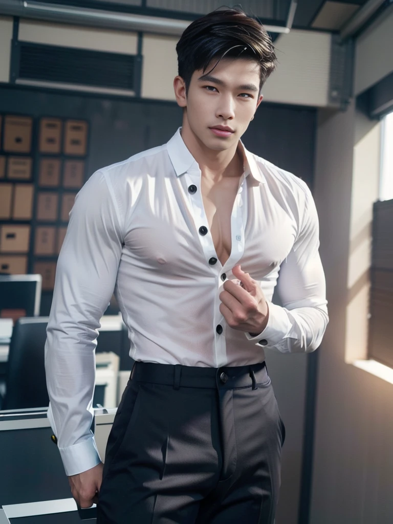 A sexy Asian man with black hair, he is sitting in a chair next to a window, looking at viewers seductively, morning time, he has a( perfect penis 0.8), masterpiece,homoerotic ,(detailed face,eyes and expression 1.2),( short beard 0.4), wearing a white casual shirt, unbuttoned shirt, cleavage ,nsfw,homoerotic , head to thigh focuse